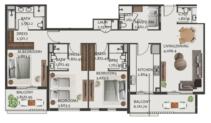 3 BR floor plan