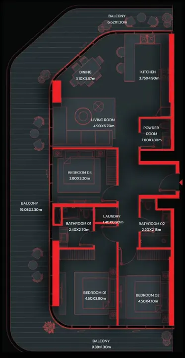 3 BR floor plan