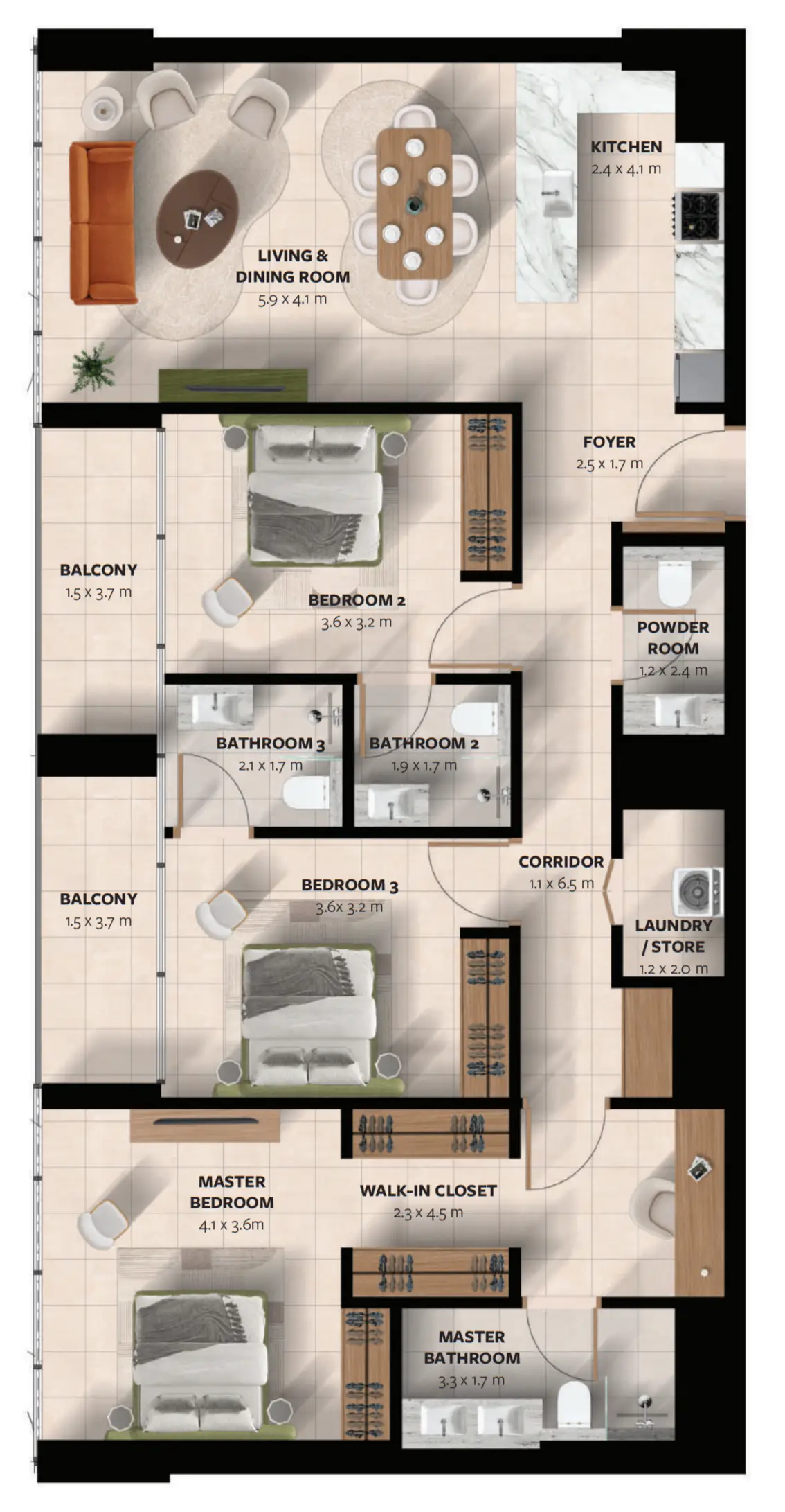 3 BR floor plan