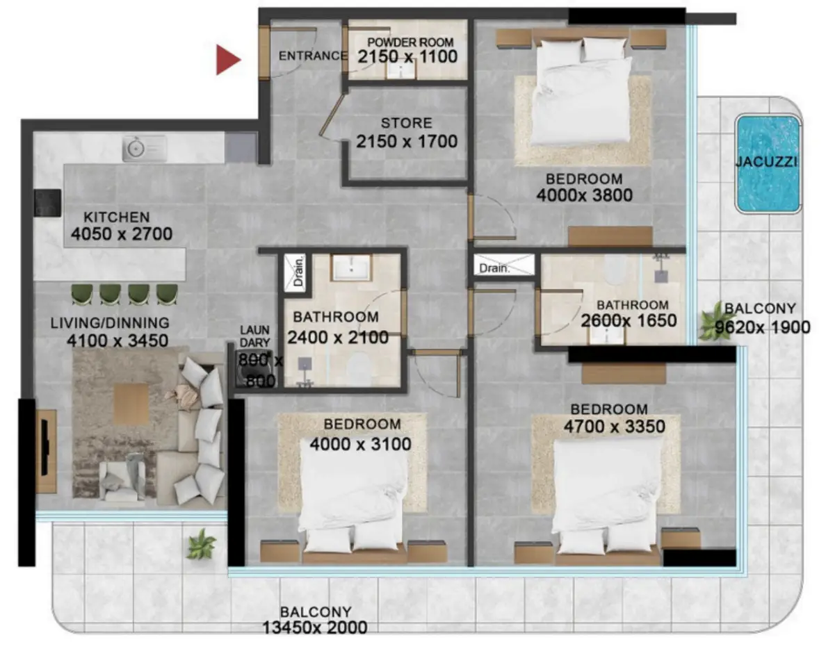 3 BR floor plan