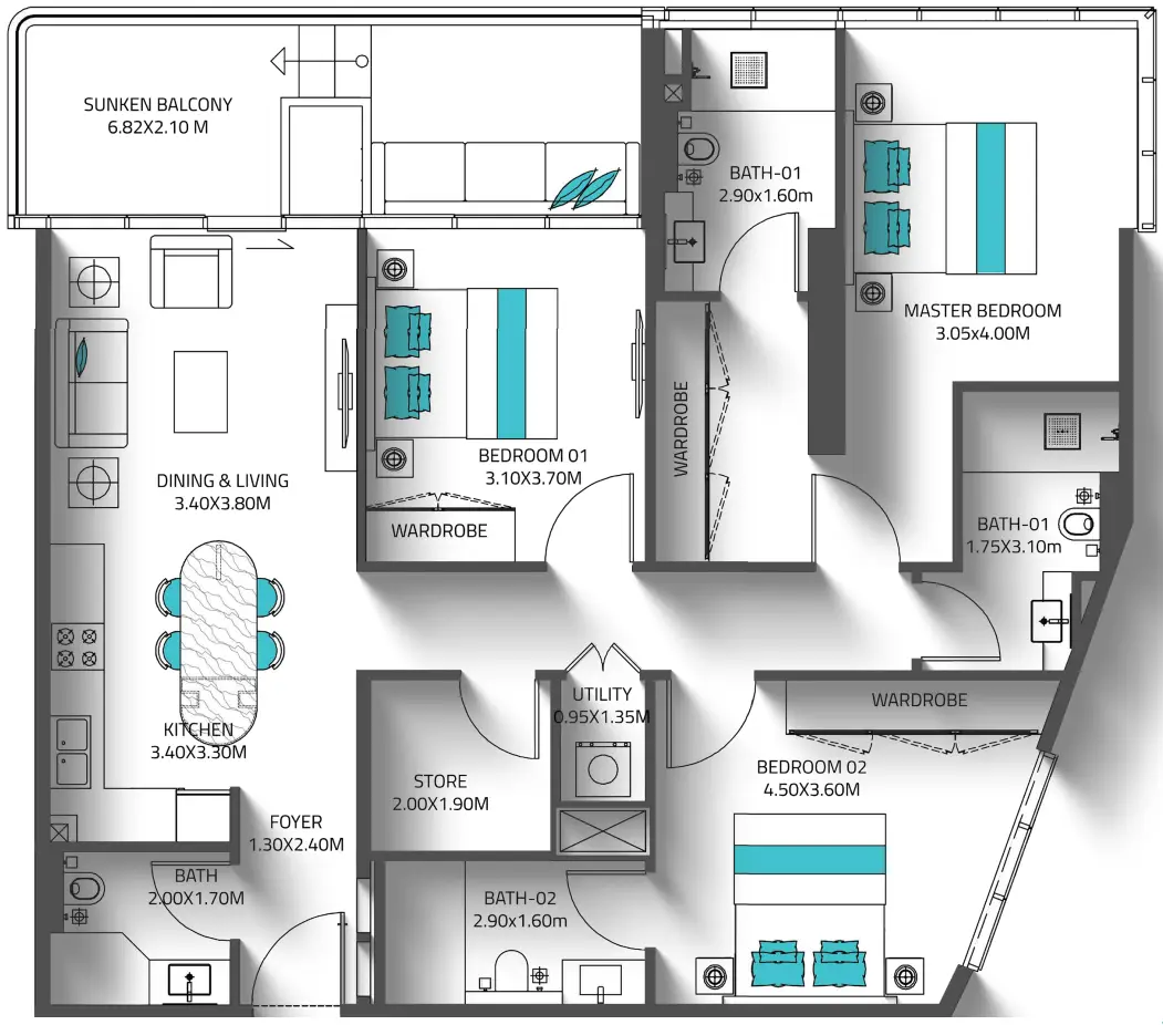 3 BR floor plan