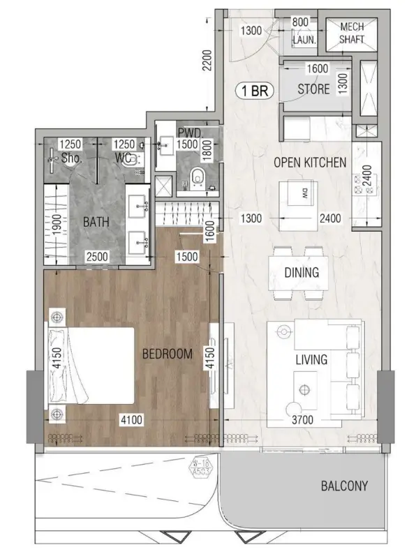 1 BR floor plan