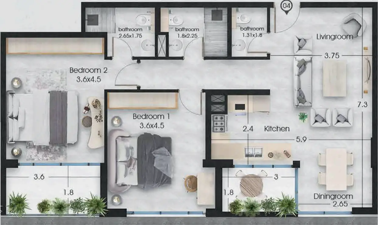 2 BR floor plan