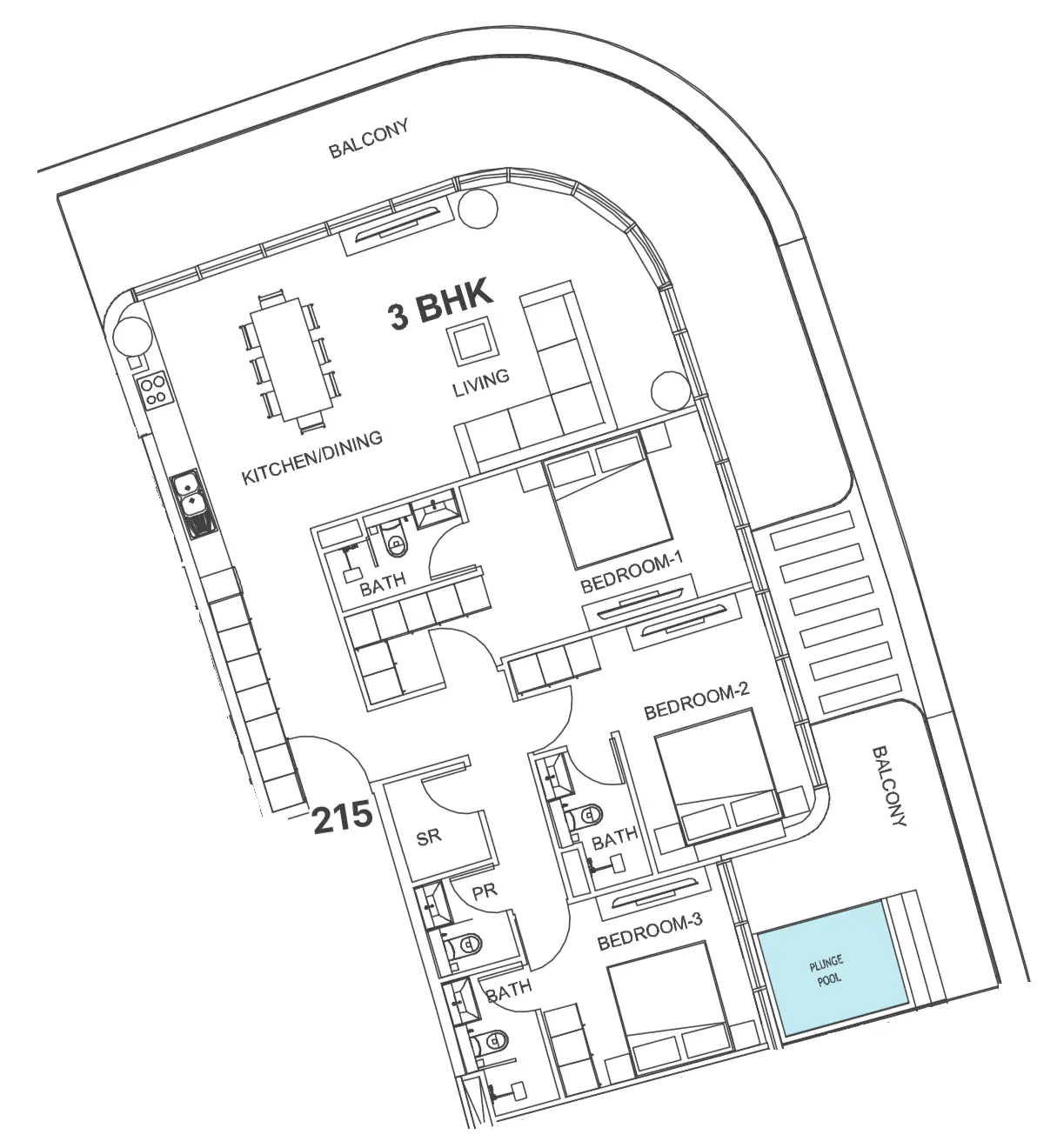 3 BR floor plan