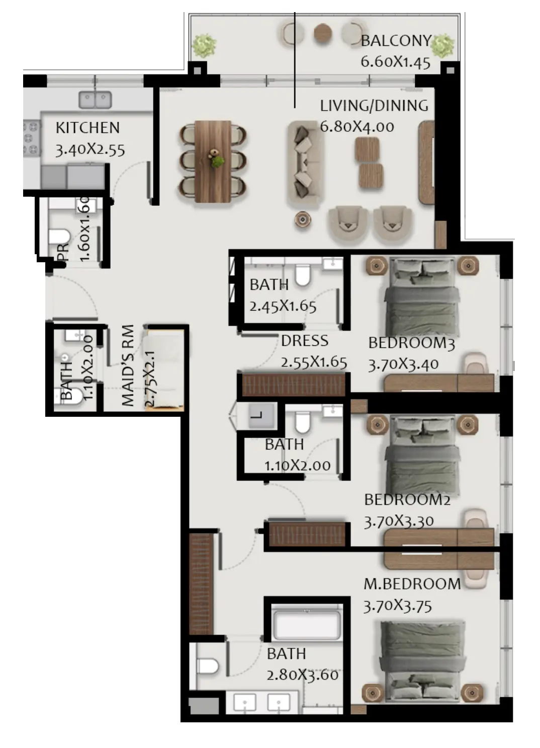 3 BR floor plan