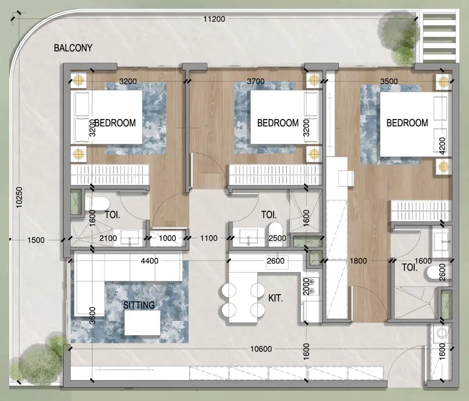 3 BR floor plan