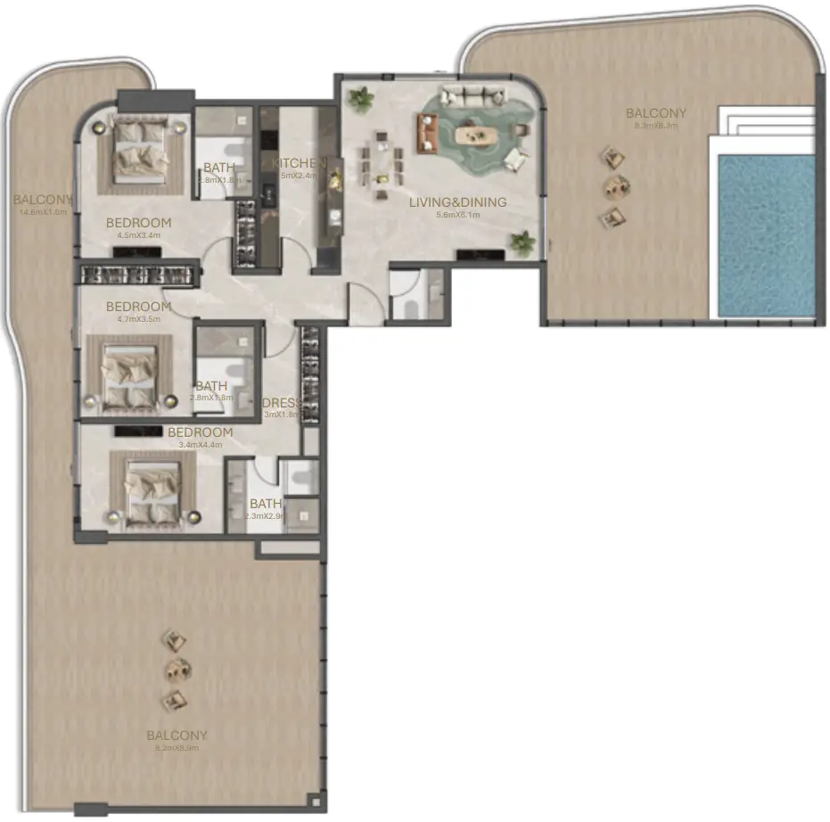 3 BR floor plan