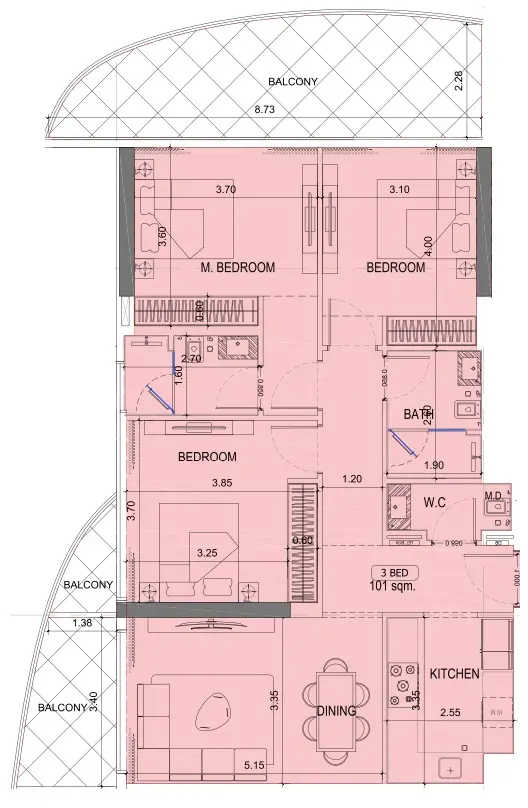 3 BR floor plan