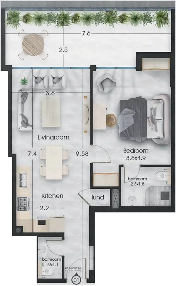1 BR floor plan