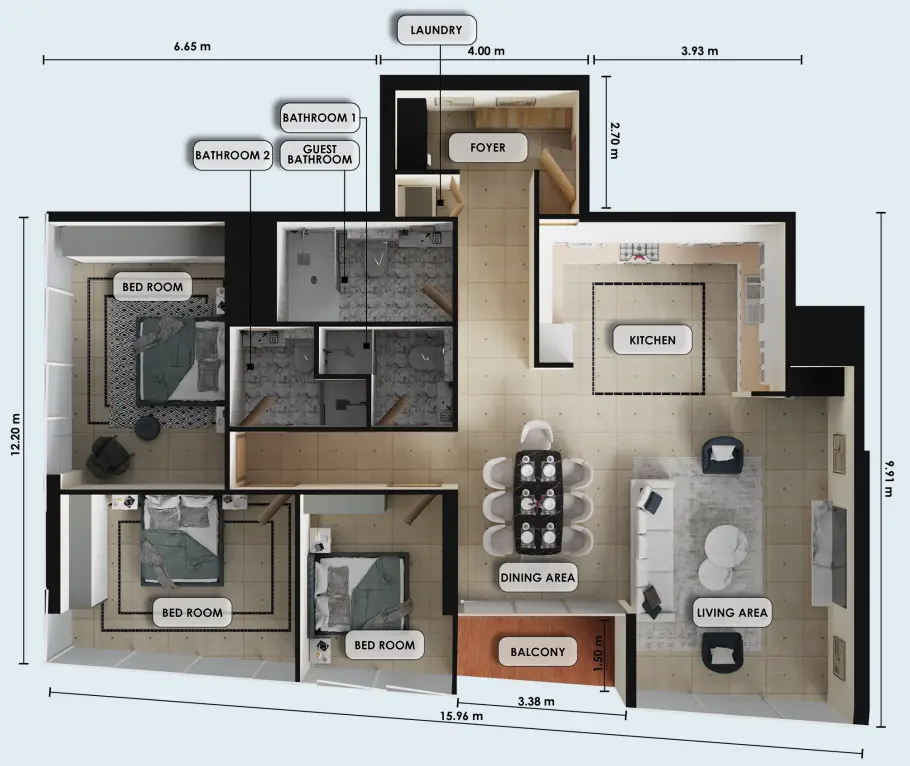 3 BR floor plan