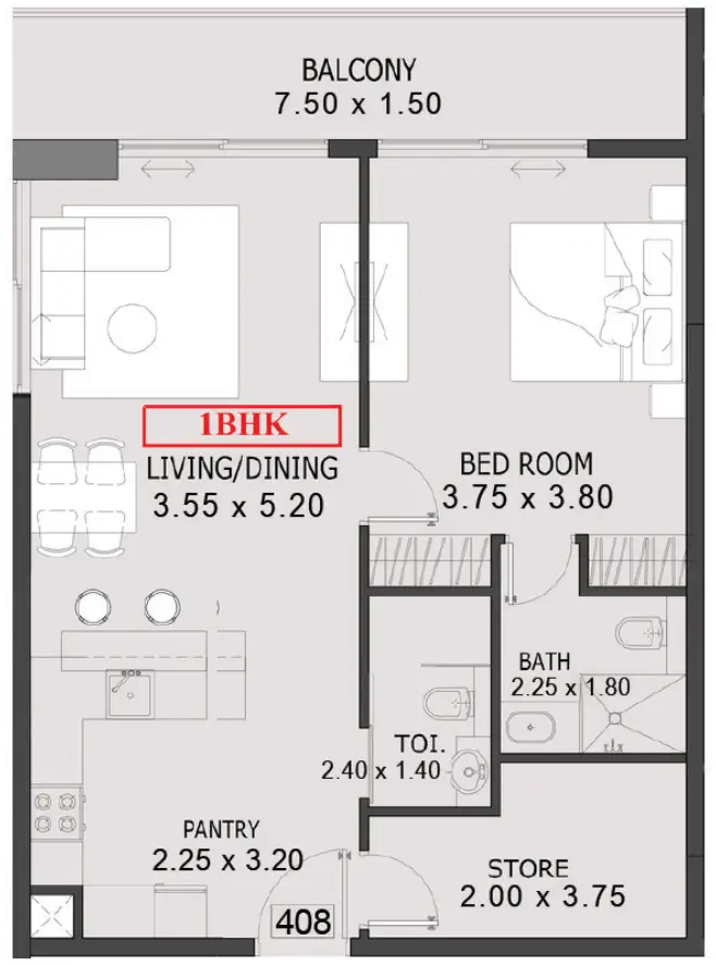 1 BR floor plan