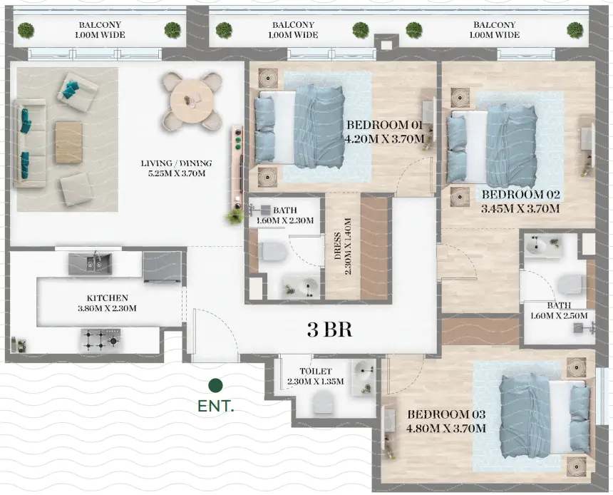 3 BR floor plan