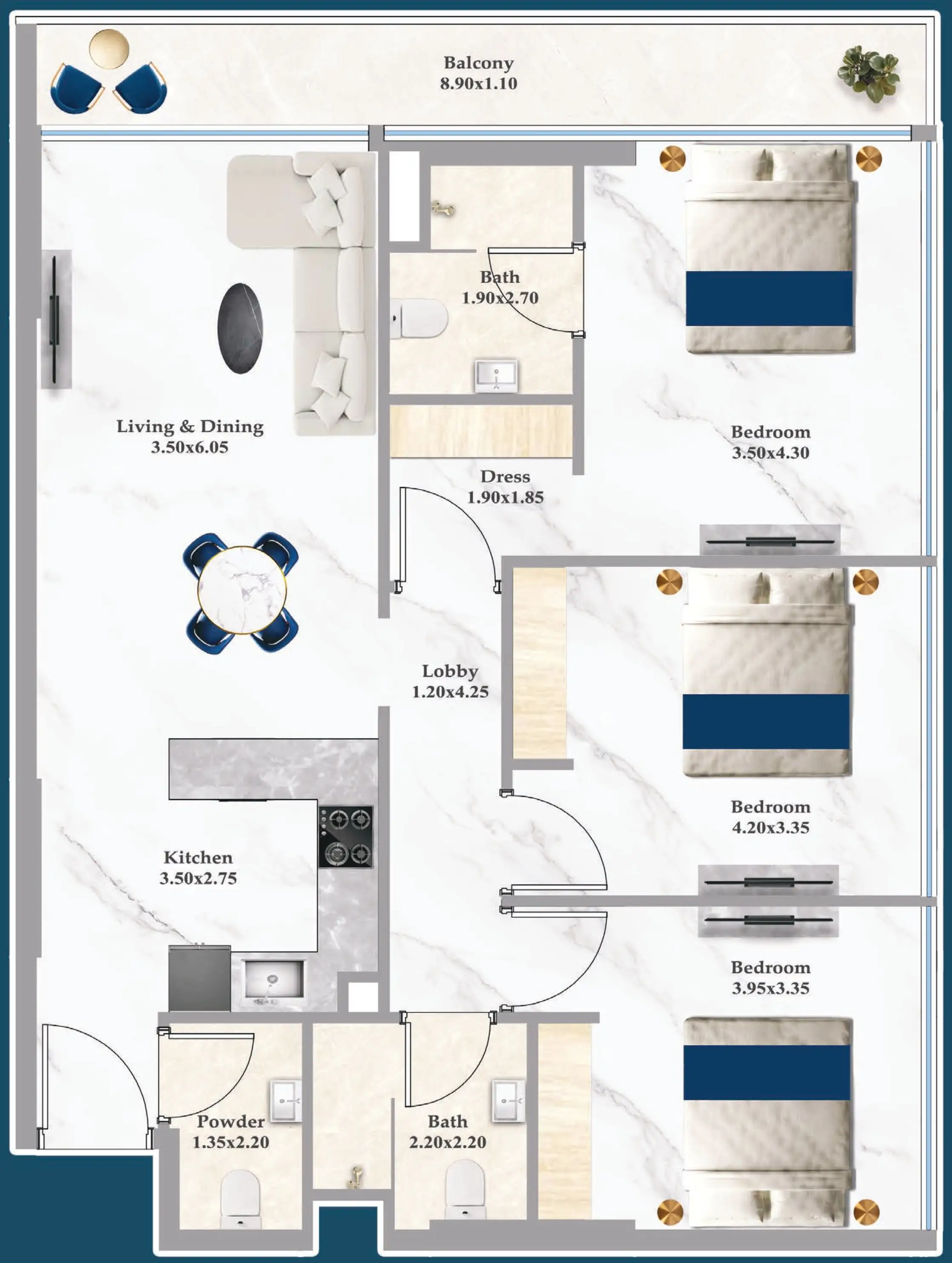 3 BR floor plan