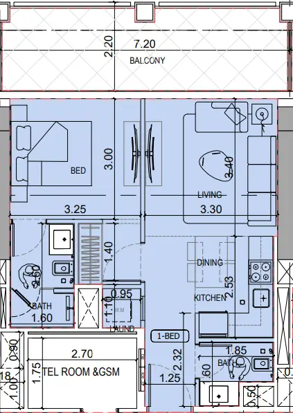1 BR floor plan