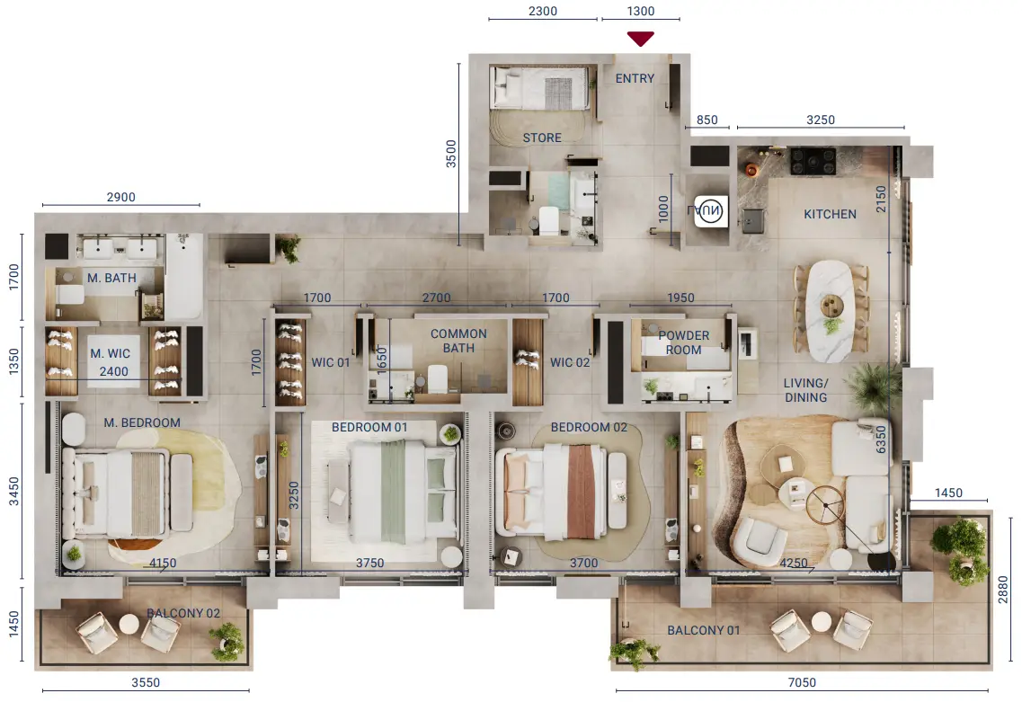 3 BR floor plan