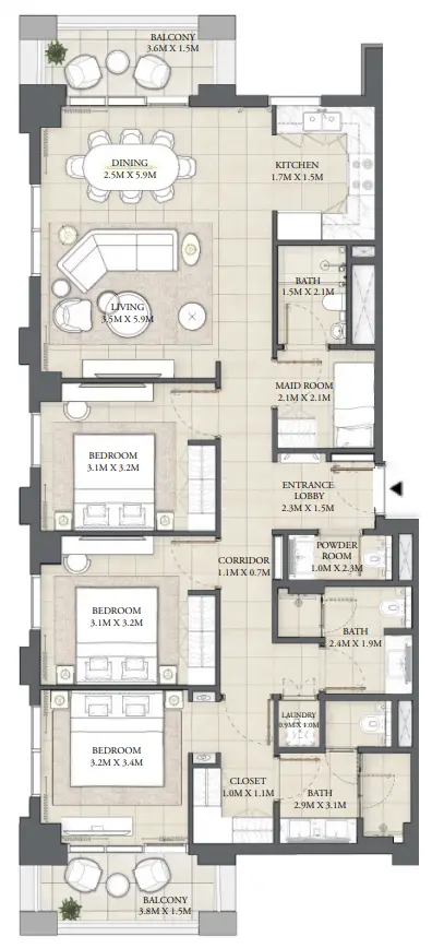 3 BR floor plan